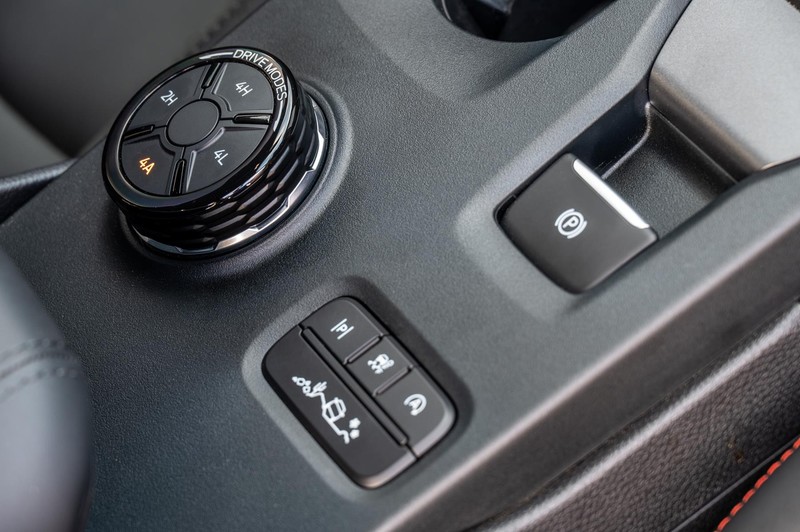 Ford Ranger Raptor drive-mode dial and on- and off-road buttons.