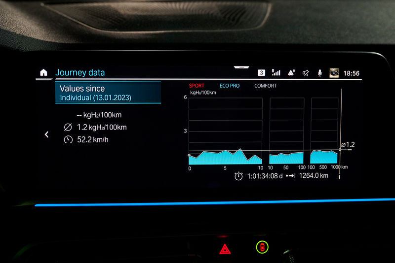 BMW iX5 Hydrogen's infotainment touchscreen displays the prototype's recorded fuel economy.