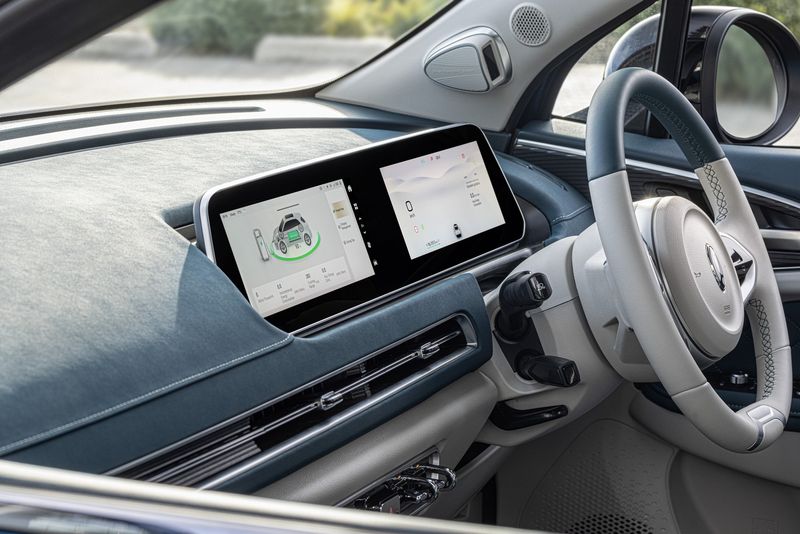The infotainment screen of the GWM Ora shows info pertaining to the all-electric drivetrain, including battery charge level.