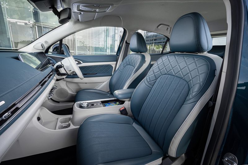 The GWM Ora has a plush interior with luxury appointments, including quilted leather on the seats. 