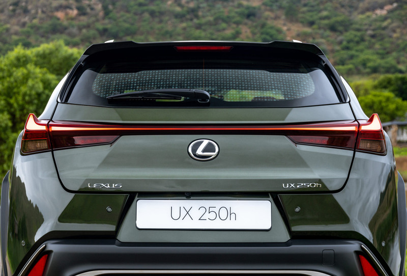 Tailgate of the 2023 Lexus UX 250h F-Sport. Note the redesigned tail-light clusters replete with winglets.