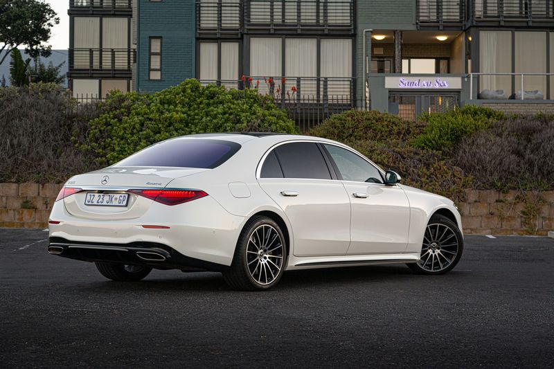 W223 Mercedes-Benz S-Class rear three-quarter view.