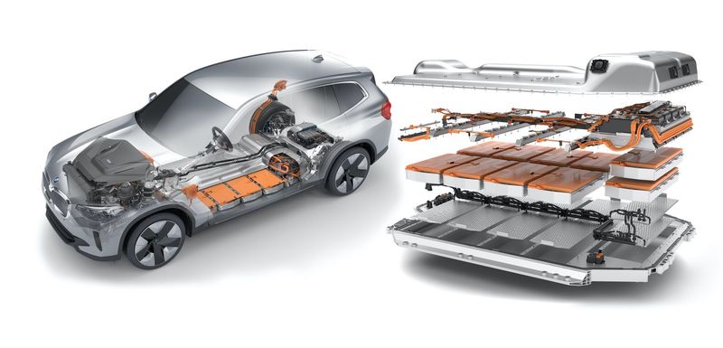 The components of a petrol-electric hybrid BMW's lithium-ion battery pack. 