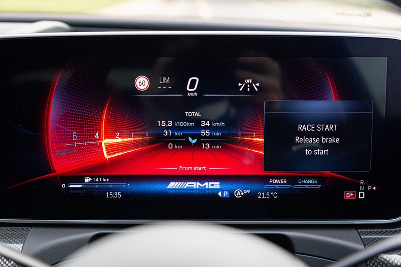 2023 Mercedes-AMG C43 4Matic's digital instrument cluster in Race Start mode.
