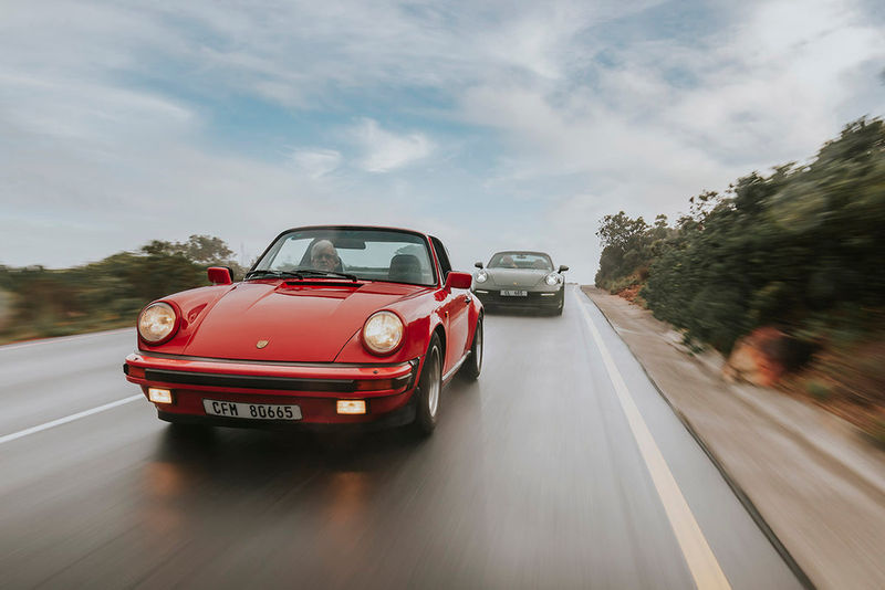 Porsche 911 Carrera 3.2 Targa (G-series) leads a modern-day Porsche 911 Targa 4
