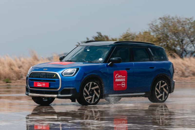 2025 CarsAwards EV category finalist Mini Countryman on Gerotek skid pan (front three-quarter view)