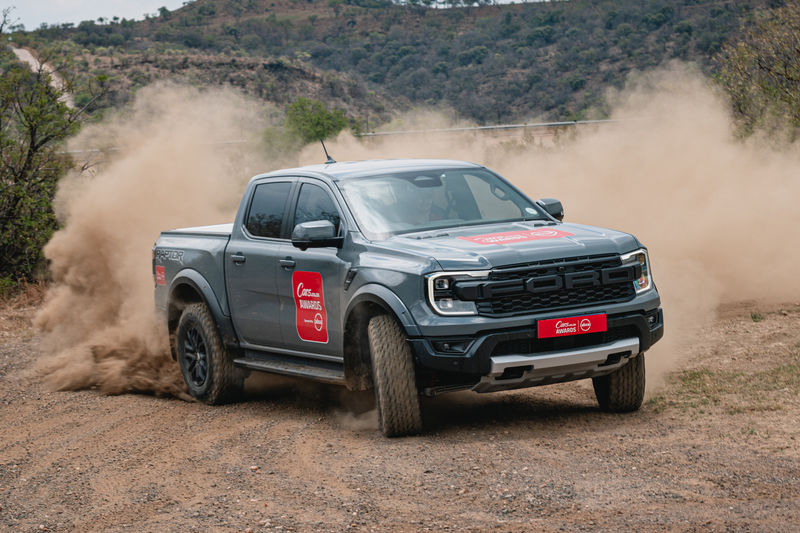 2025 CarsAwards Ultimate Double Cab finalist Ranger Raptor sliding on a gravel road